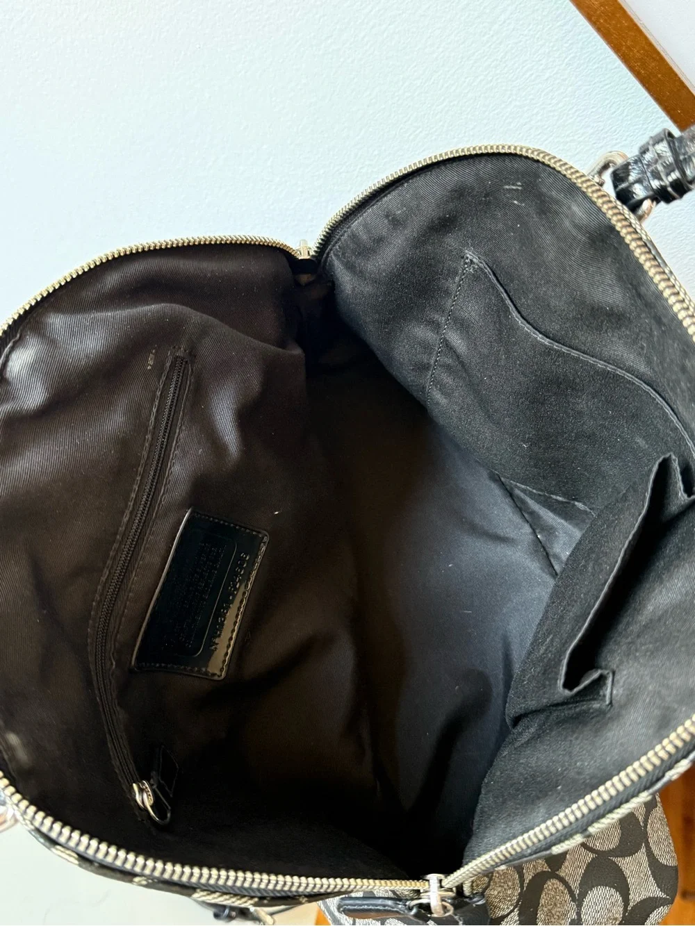 Coach Peyton Black and Tan Signature Satchel with strap